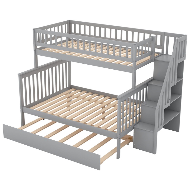 Bunk Bed With Staircase|Dark Gray|White|Twin over Twin|Twin over Full