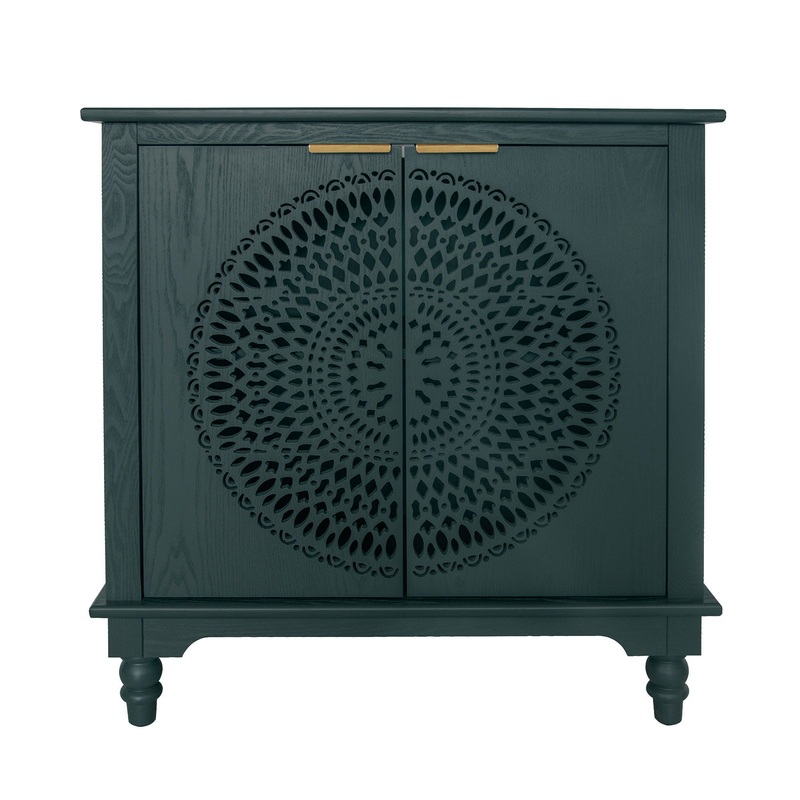 Hollow Carved 2 Door Accent Cabinet With Adjustable Shelf, Sideboard Buffet For Entryway, Living Room Or Bedroom – Blackish Green