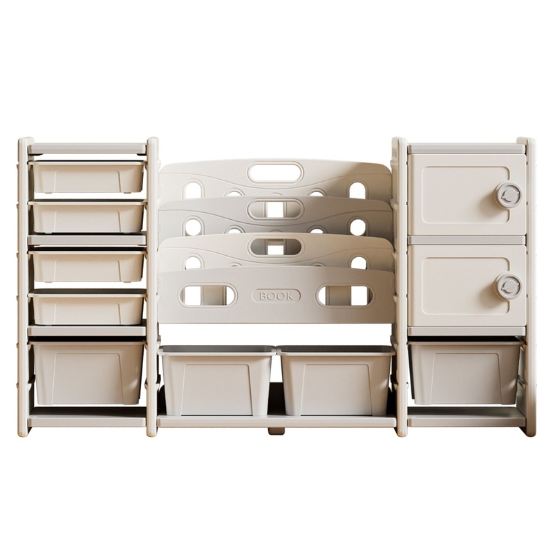 Kids Toy Storage Organizer With 8 Removable Toy Bins, 4 Tier Bookshelf, And 2 Cabinet Storage – Gray / Ivory