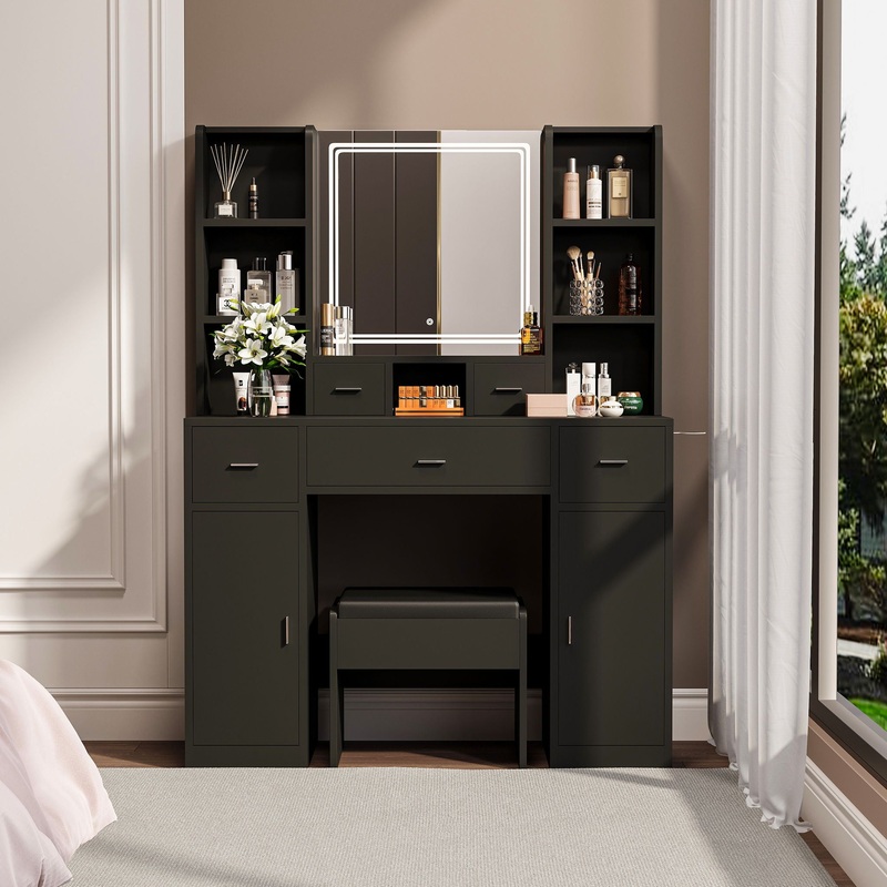 Newly Designed Smart Mirror Dressing Table With Drawers And Storage Cabinet, Dressing Table With Dressing Pad For Bedroom – Black