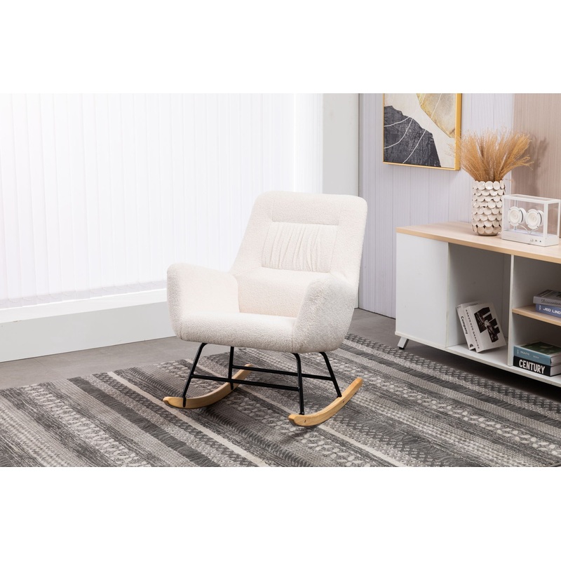 Rocking Chair Nursery, Teddy Upholstered Glider Rocker With High Backrest, Reading Chair Modern Rocking Accent Chairs Glider Recliner For Living Room – Cream