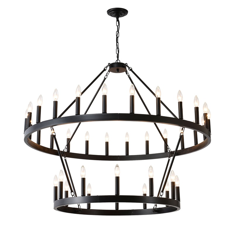 2 Tiers Wagon Wheel Chandelier Wooden Farmhouse 36 Light (24 / 12) Or (12 / 24) Metal Chandeliers 2 Story Light Fixtures Industrial For High Ceiling Living Dining Room Foyer, Adjustable Height – Black