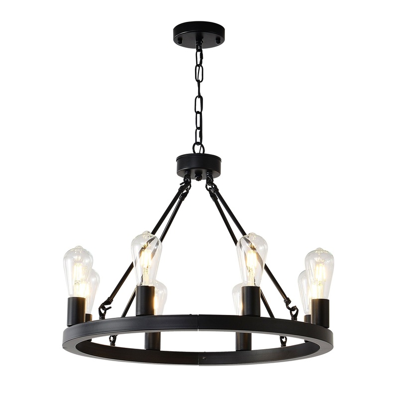 6 Light (No Bulbs) Wagon Wheel Chandelier Farmhouse Modern Small Round Chandelier For Living Room Kitchen Island Foyer Hallway Entryway Bedroom Dining Room Light Fixture Ceiling Hanging – Matte Black