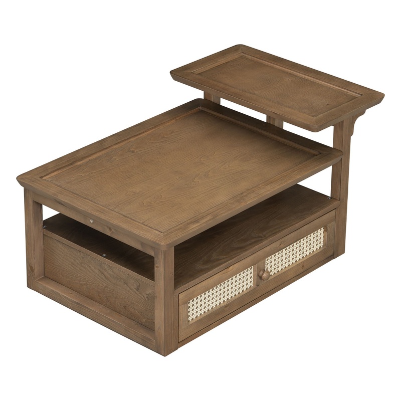 Coffee Table With 1 Storage Shelf, 2 Tabletops And 1 Rattan Drawer