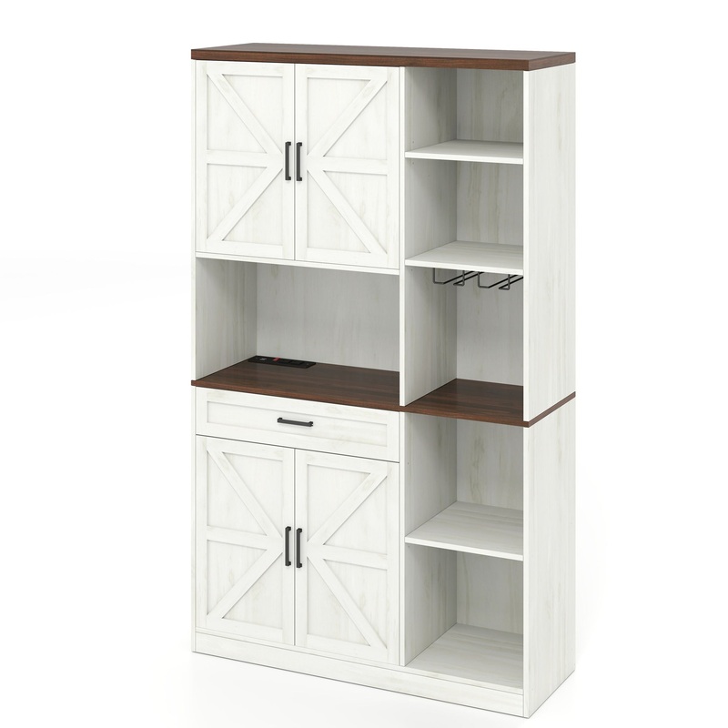 Farmhouse Kitchen Pantry Sideboard With Cabinet And Drawer, Multi Functional Kitchen Buffet With Hutch And Glass Holder, Microwave Stand With Charging Station – Brown / Antique White