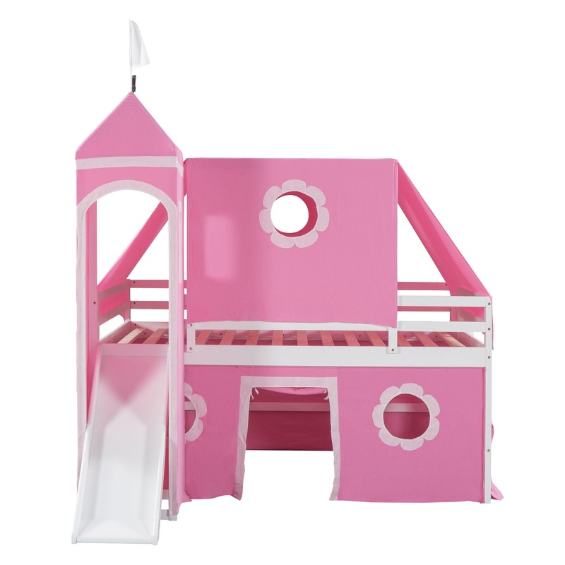Full Size Loft Bed With Slide And Tent Tower Space Saving Fun Design For Kids – Pink
