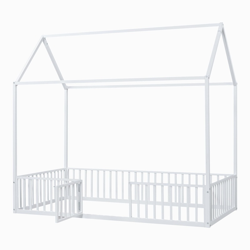 House Bed With Fence And Door – White