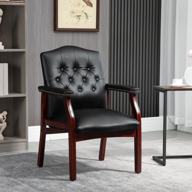 Leather Reception Guest Chairs With Padded Seat And Arms Ergonomic Mid-Back Office Executive Side Chair For Meeting Waiting Room Conference Office Guest Chairs – Black
