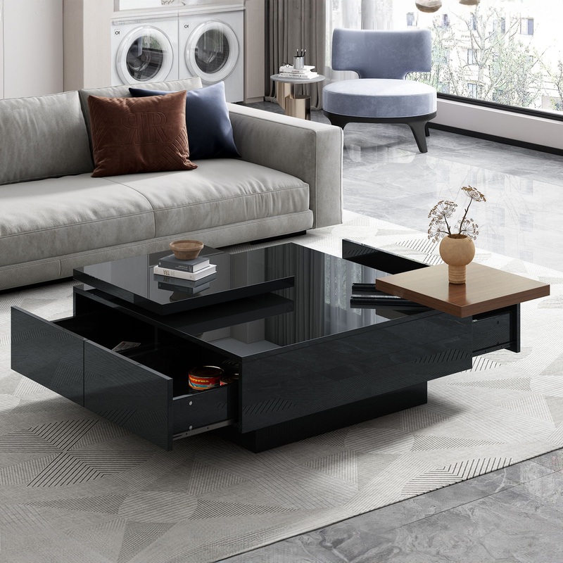 Movable Square Top Coffee Table With 4 Hidden Storage Drawers