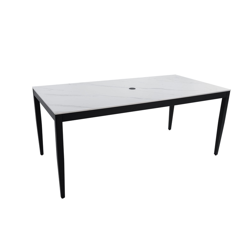 Outdoor Modern Patio Dining Table, Post Tapered Legs Seats 6, Weatherproof & Rust Free – Ember Black / White