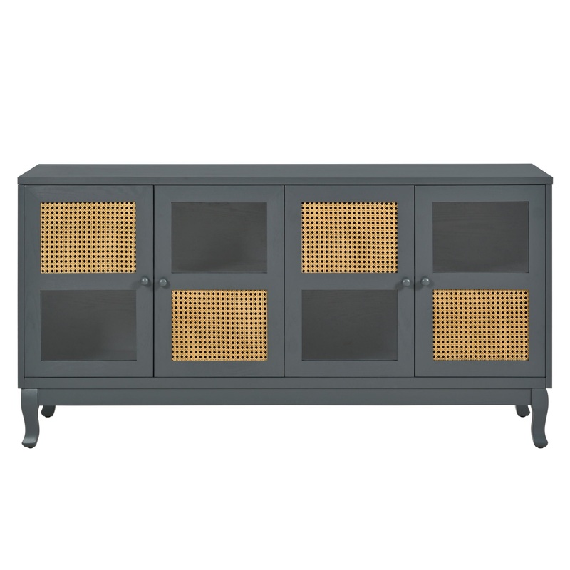 Retro Industrial 4 Door Sideboard With Large Storage, Rattan And Glass Doors