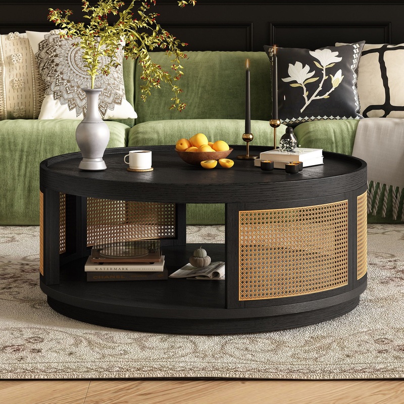 Round Cane Coffee Table With Rattan Side