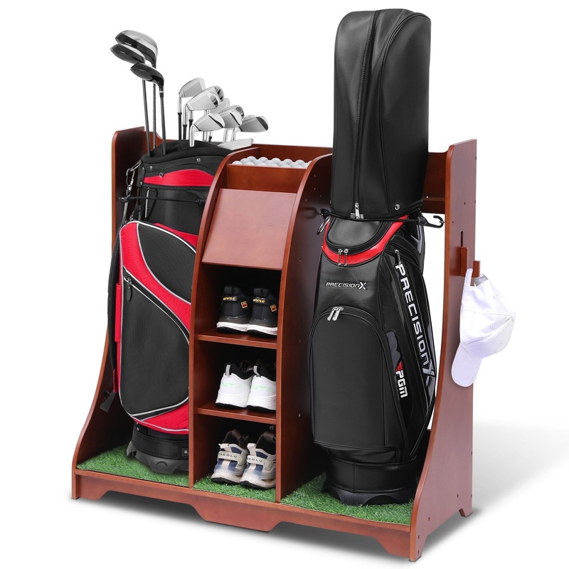 Wood Freestanding Adjustable Multi Use Golf Shelf – Reddish Brown