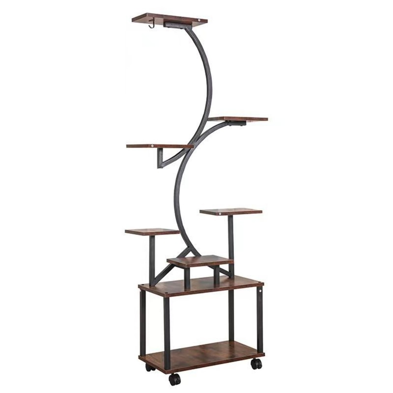 8 Tier Indoor Plant Stand With Grow Lights, S Shaped Metal Shelf For Multiple Plants – Black / Dark Walnut