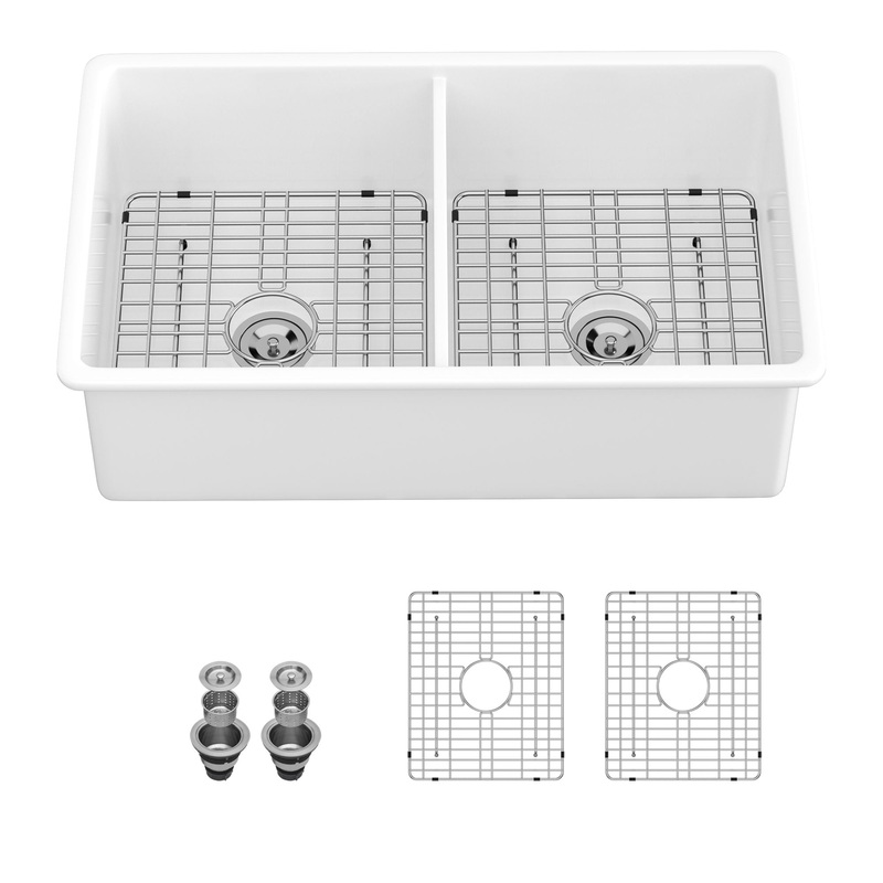 Elegant Dual Mount 32 Undermount Double Bowl Ceramic Kitchen Sink – White