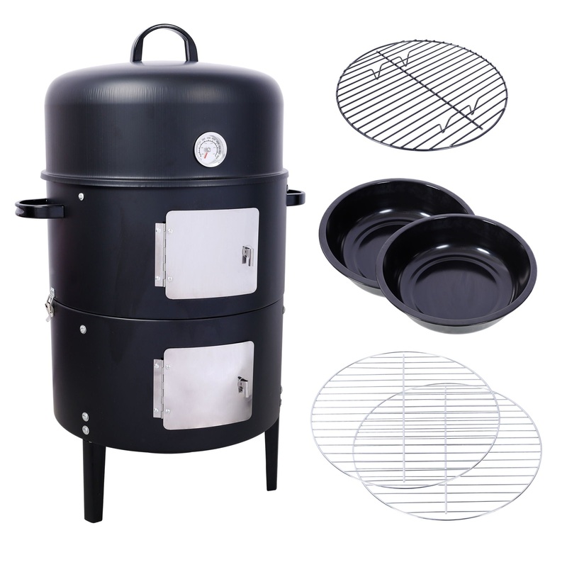 Heavy Duty Round Bbq Grill 17 Steel Charcoal Smoker For Outdoor Cooking – Black