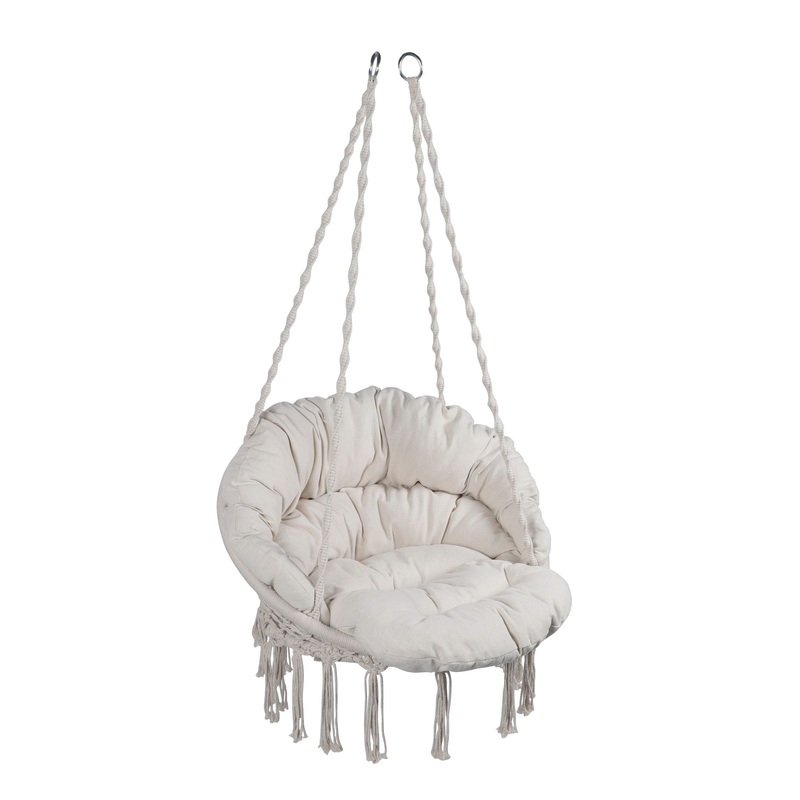 Macrame Hanging Hammock Chair With Cushion, Cotton Rope Swing For Indoor And Outdoor Use, 330 Lbs Capacity – Beige