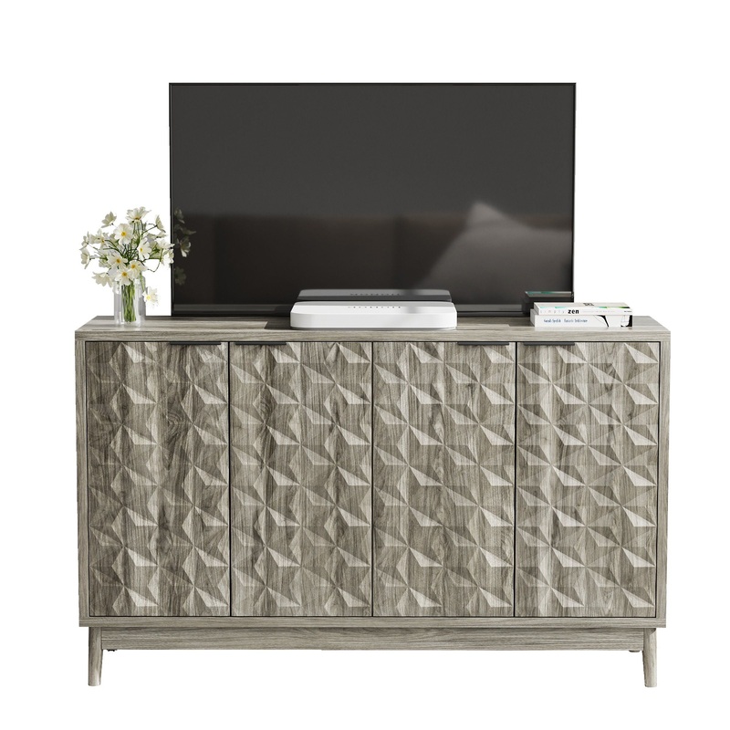 Modern Style Buffet Cabinet, Sideboard Buffet Cabinet With Storage, Storage Cabinet With 4 Diamond Shaped Relief Doors For Living Room, Dining Room, Entryway, Hallway, Kitchen – Gray – Gray