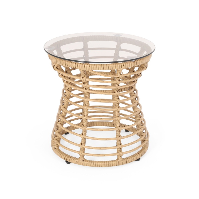 San Pedro – Boho Style Side Table With Tempered Glass Top – Light Brown Rattan