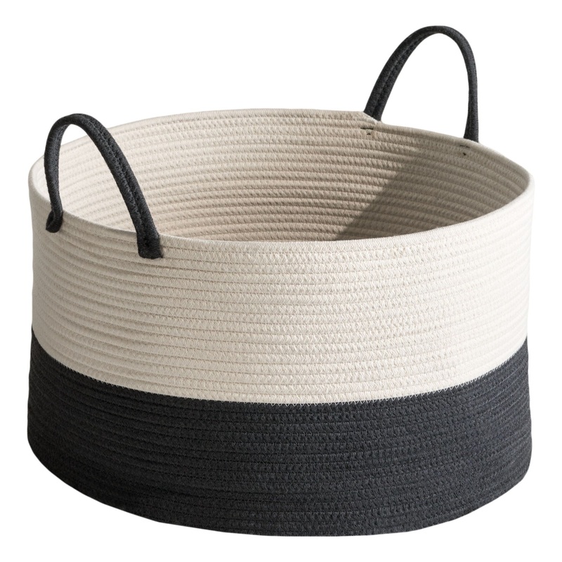 Cotton Round Laundry And Storage Basket With Sturdy Handles – Gray / White