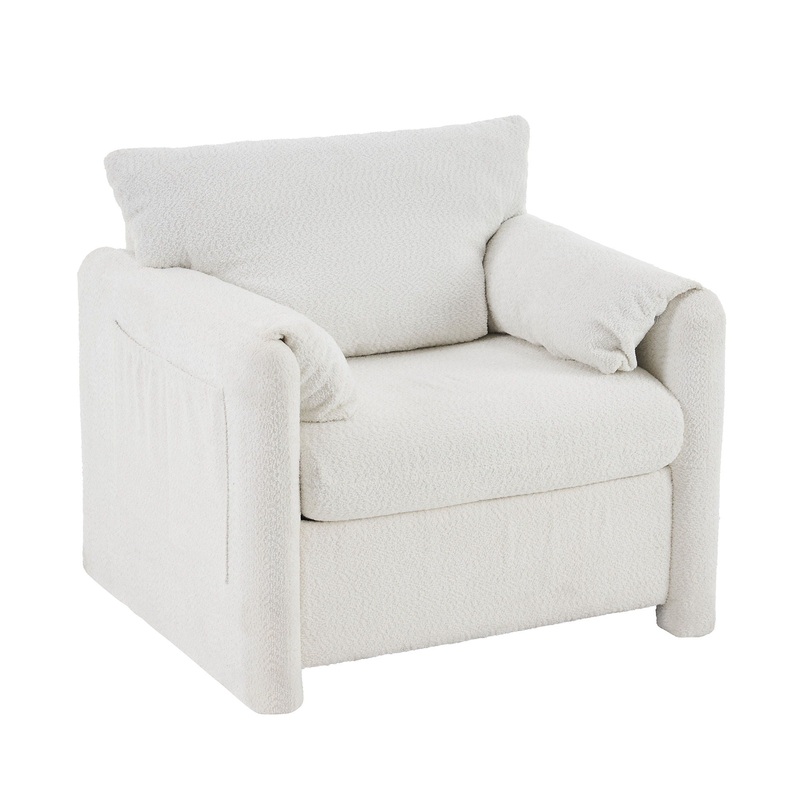 Fixed Modern Accent Chair Single Seater Plush Chenille Lounge Chair With High Resilience Cushion – Ivory White