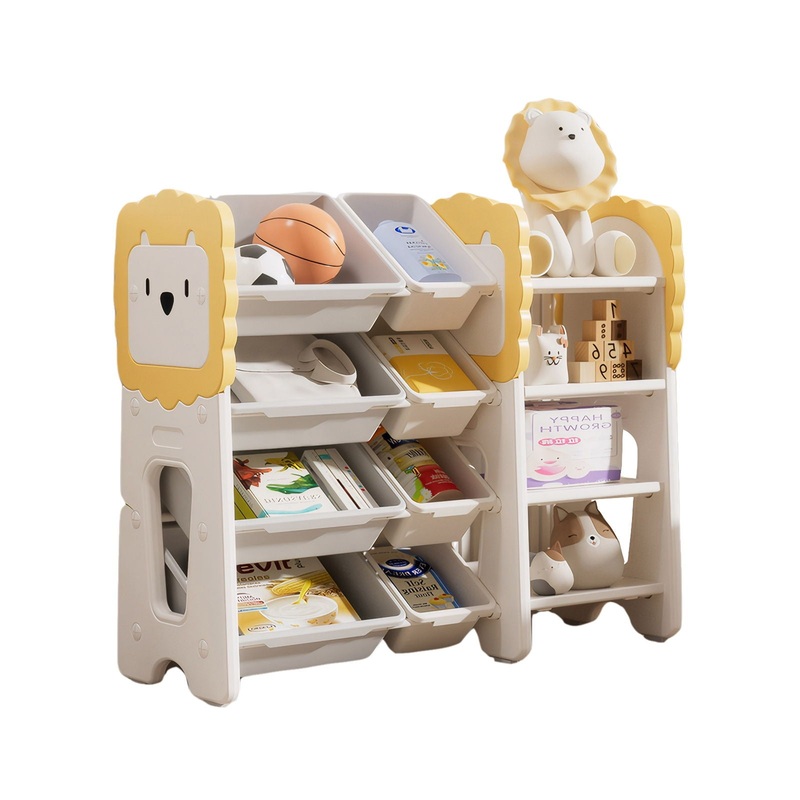 Kids Bookshelf And Toy Storage, 4 Tier Toy Organizers With 8 Removable Storage Bins, Kids Toy Storage Organizer For Study Room – Gray / White / Yellow