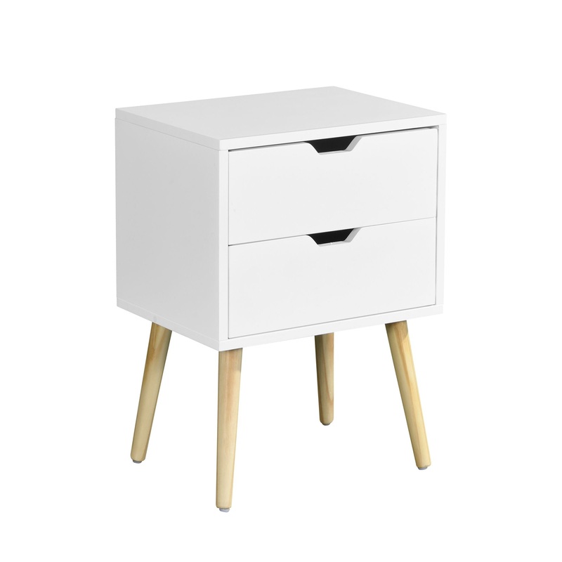 Mid Century Modern Side Table With 2 Drawers And Rubber Wood Legs – White