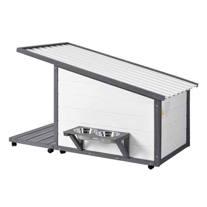 Modern Design Outdoor Dog House With Food Bowl And Wheels Pine – Gray / White