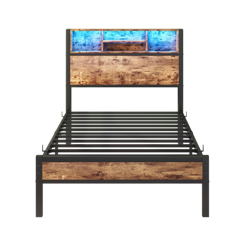 Modern Twin Size Metal Platform Bed Frame With Storage Headboard And Charging Station – Brown