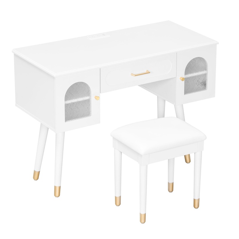 Elegant Vanity Makeup Table & Chair Set Modern Dressing Table With Organizer Writing Desk Charging Port Engineered Wood – White