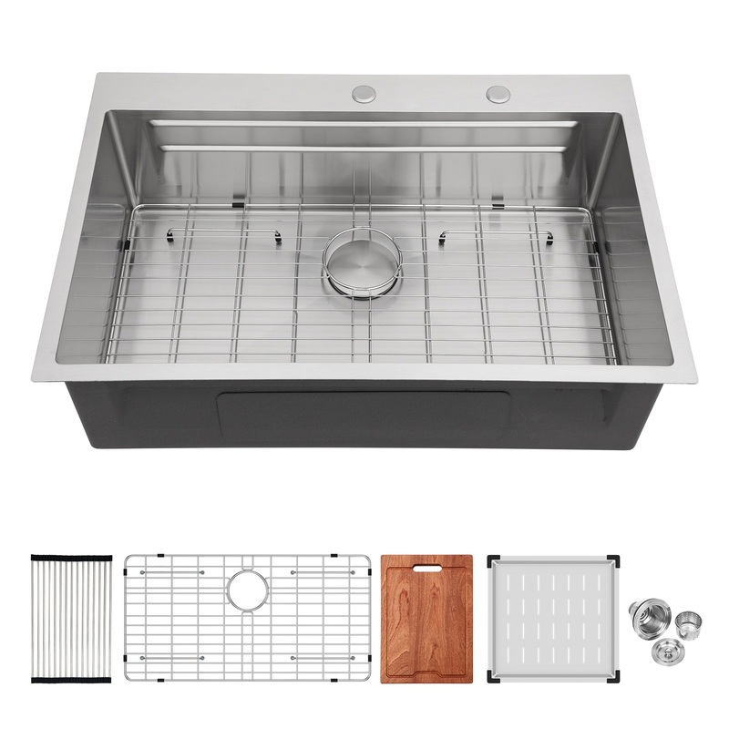 33 Drop In Kitchen Sink Single Bowl 16 Gauge Stainless Steel Ledge Workstation – Black