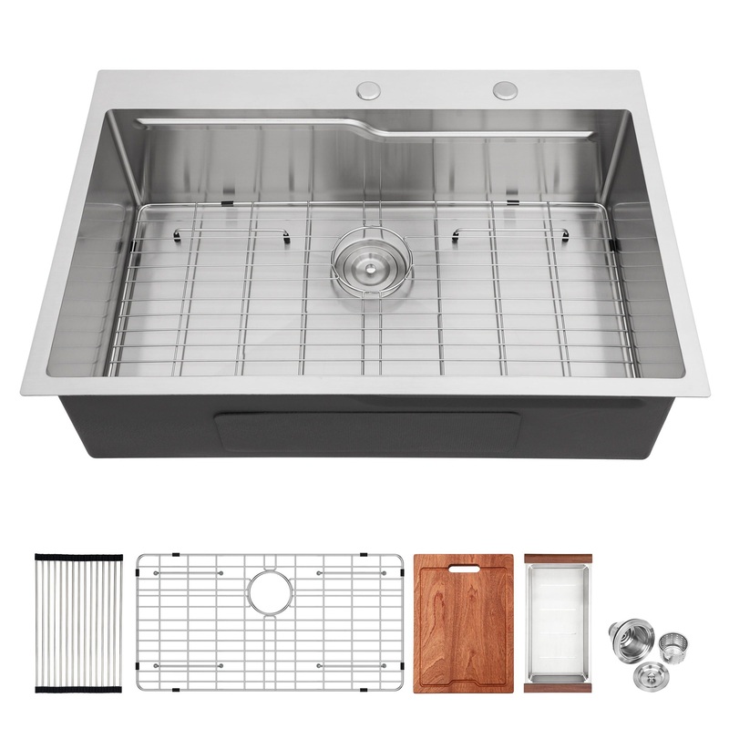33 Drop In Kitchen Sink With Ledge Workstation, Single Bowl, 16 Gauge Stainless Steel – Black / Gray