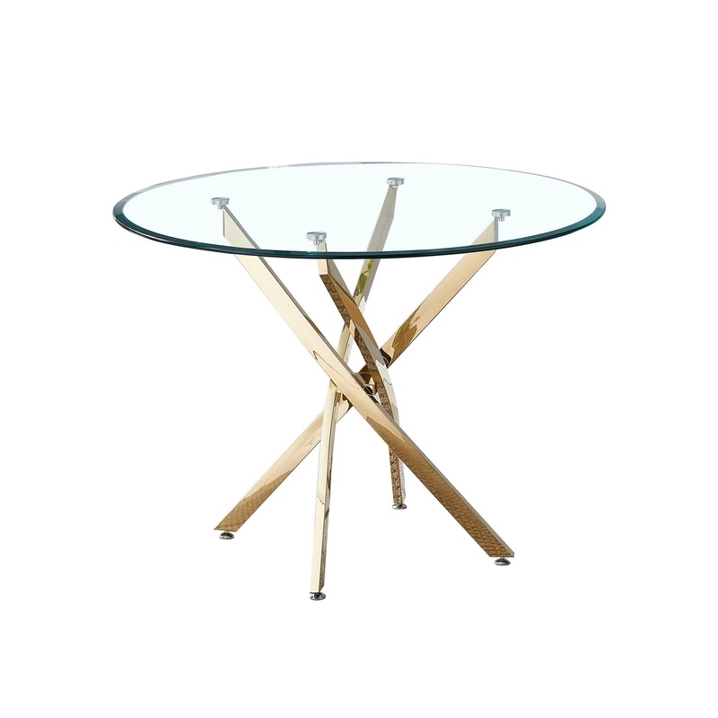 Contemporary Round Clear Dining Tempered Glass Table With Gold Finish Stainless Steel Legs – Gold