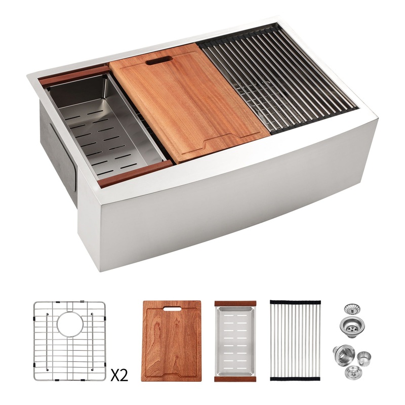 Farmhouse Double Bowl Workstation Kitchen Sink 33 Stainless Steel 16 Gauge Apron Front, Finish – White
