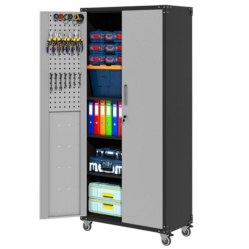 Metal Garage Storage Cabinet With Wheels Heavy Duty Tool Storage Cabinet – Brushed Nickel