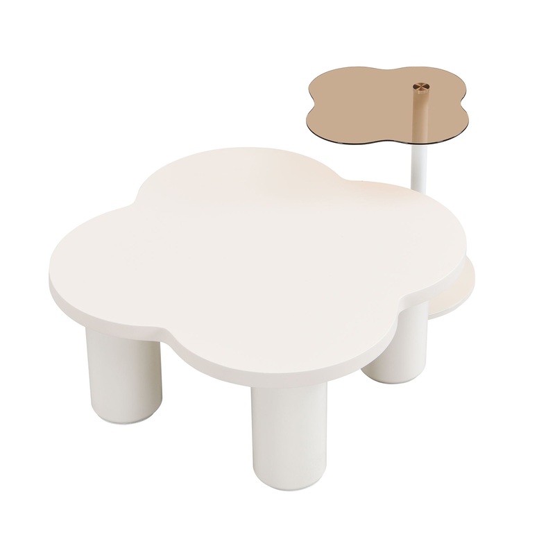 Modern Coffee Table (Set of 2), Irregular Shape Coffee Table With Four Roman Column Legs And End Table With Glass Top For Living Room – White