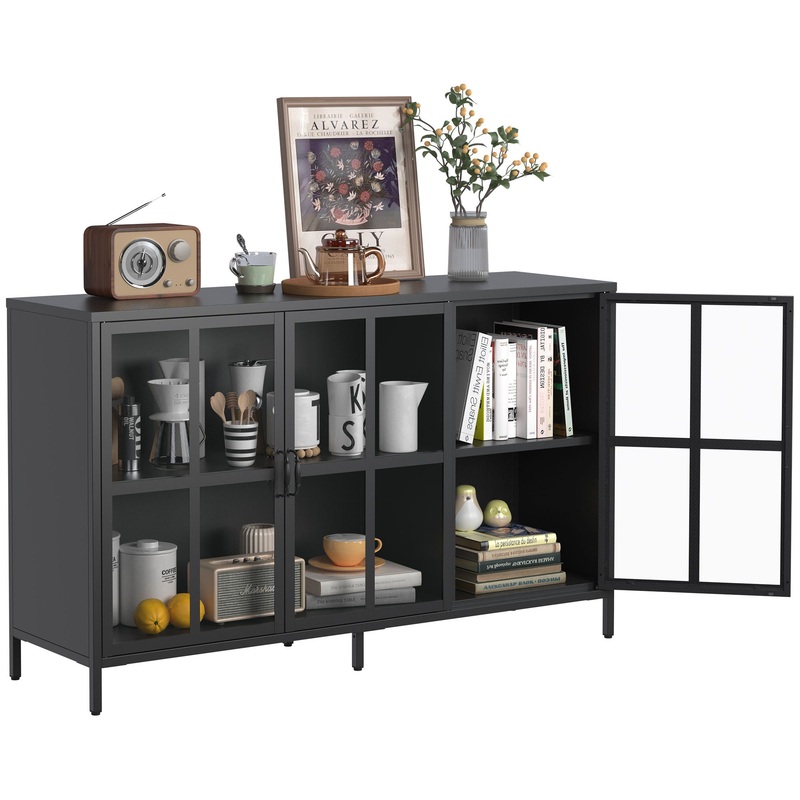 Modern Heavy Duty Metal Sideboard Buffet Cabinet With Storage, Adjustable Feet, Glass Doors, Steel – Black