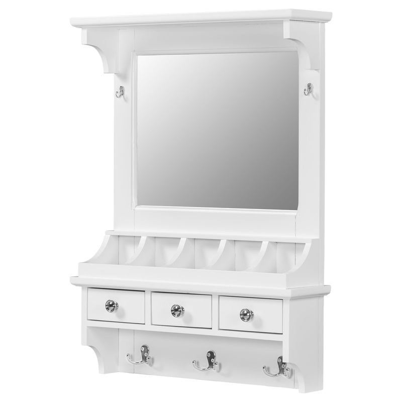 Floating Makeup Vanity With Big Mirror, Wall Mounted Storage Vanity With Drawers, Pockets & Hooks, Space Saving Decorative Home Organizer – White