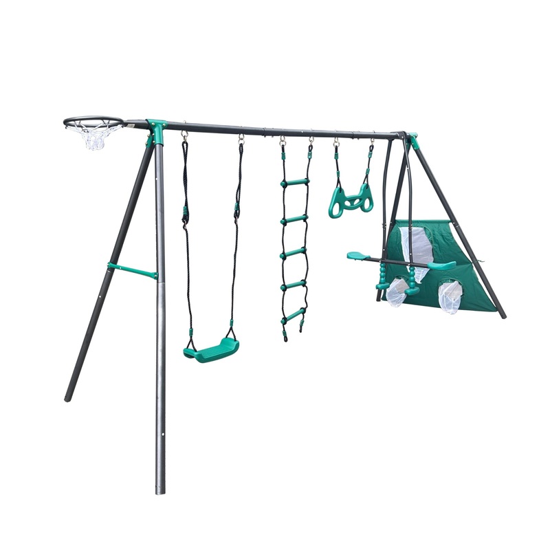 Interesting Four Function Swingset With Face To Face Metal Plastic Safe Swing Seat 550Lbs For Outdoor Playground For Age 3+ – Blackish Green