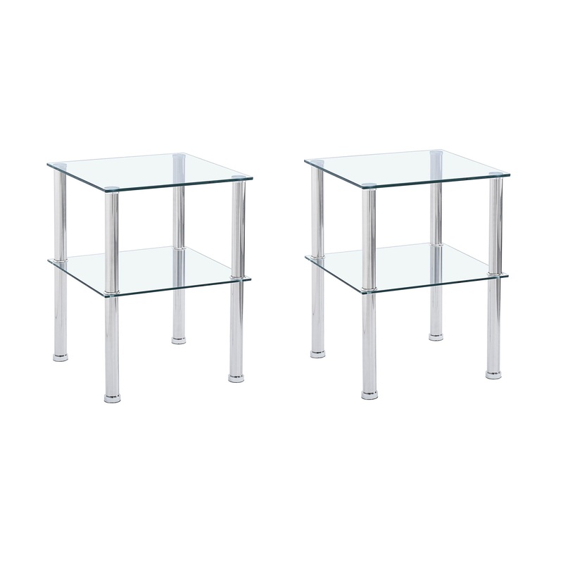 Modern 2 Piece Side Table With Storage Shelf, Tempered Glass, Space Saving Design – Clear