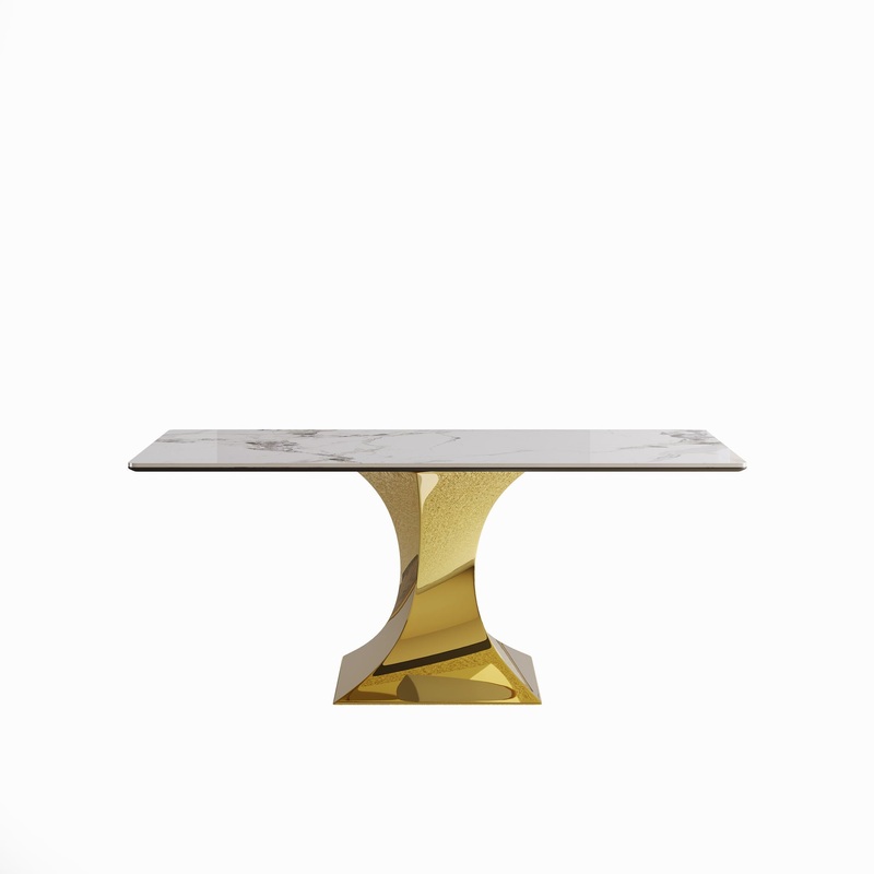 Modern Rectangular Dining Table For 6 – 8, Plated Hourglass Base