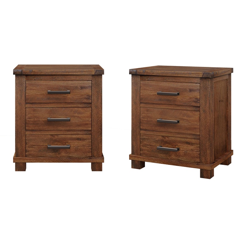 Rustic Farmhouse Nightstand (Set of 2) With 3 Drawers – Natural