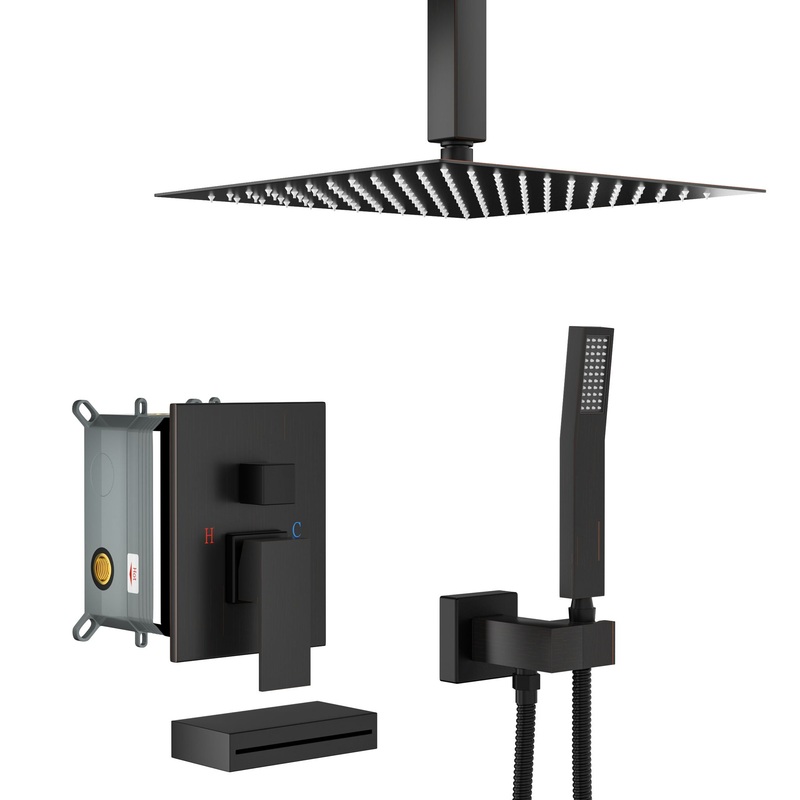 Shower System With Waterfall Tub Spout And 12 Ceiling Mount Square Shower Head – Oil-Rubbed Bronze