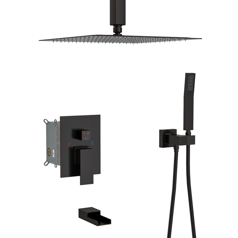 Shower System With Waterfall Tub Spout And 16 Ceiling Mount Square Rain Shower – Oil-Rubbed Bronze