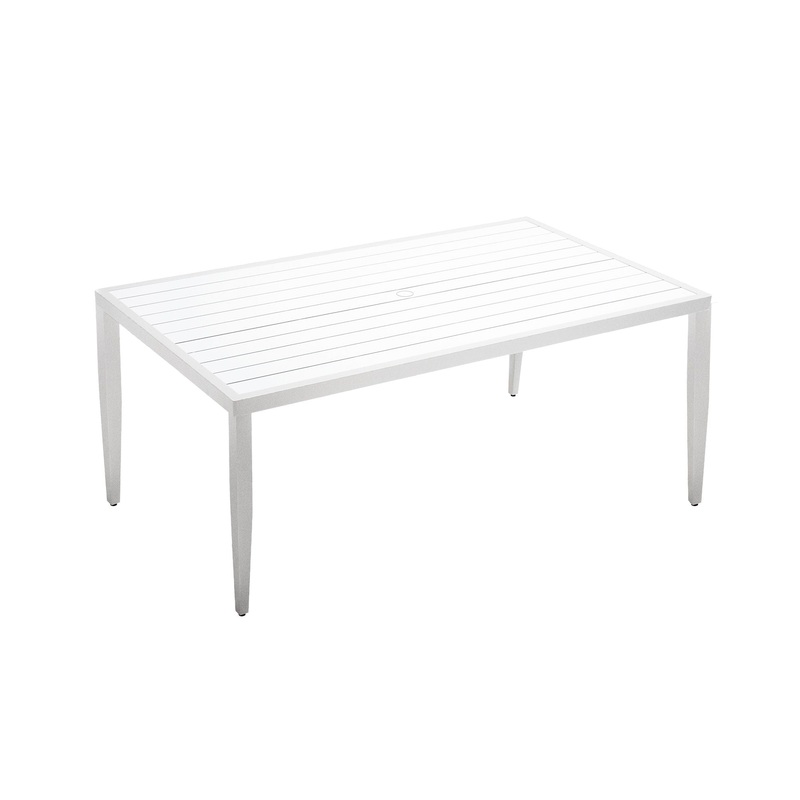 Outdoor Patio 2 Tone Table Top Rectangle Dining Table With Tapered Feet & Umbrella Hole – Matte White / Grayish