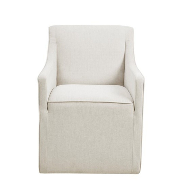 Traditional Skirted Dining Arm Chair With Casters Polyester Upholstery – Cream
