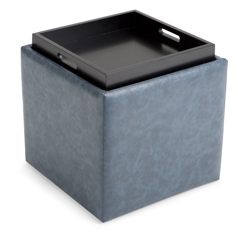Rockwood – Cube Storage Ottoman With Tray – Denim Blue
