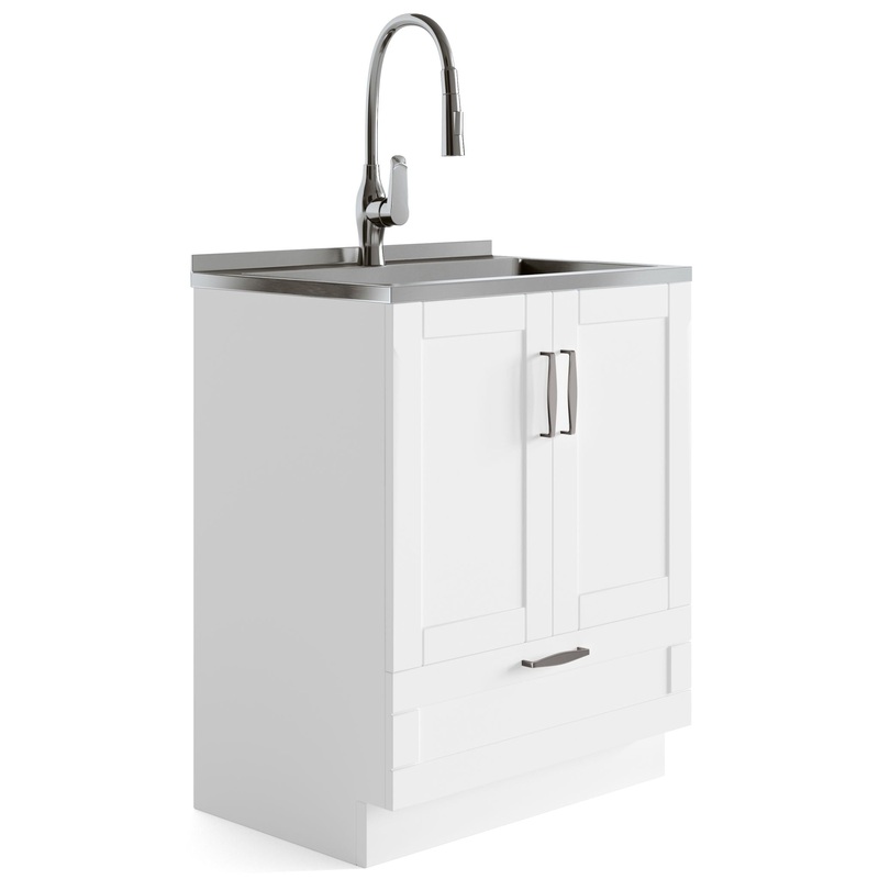 Reed – Deluxe Laundry Cabinet With Pull-Out Faucet And Stainless Steel Sink – Pure White