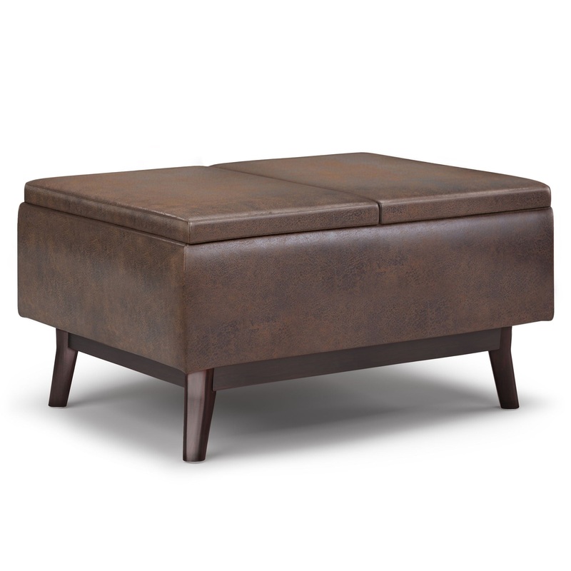 Owen – Tray Top Small Coffee Table Storage Ottoman – Distressed Chestnut Brown