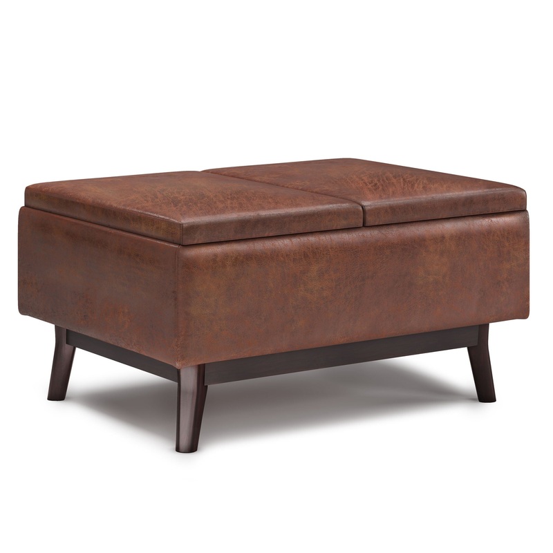 Owen – Tray Top Small Coffee Table Storage Ottoman – Distressed Saddle Brown